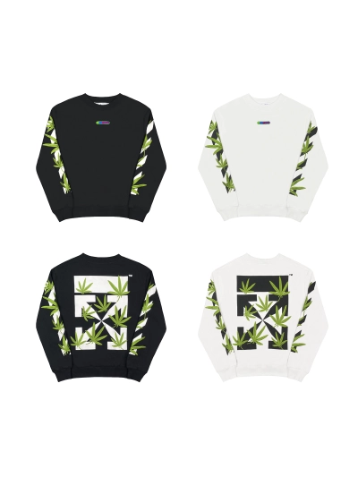  Off White Hoodie Embroidered leaf round neck hoodie black and white 01