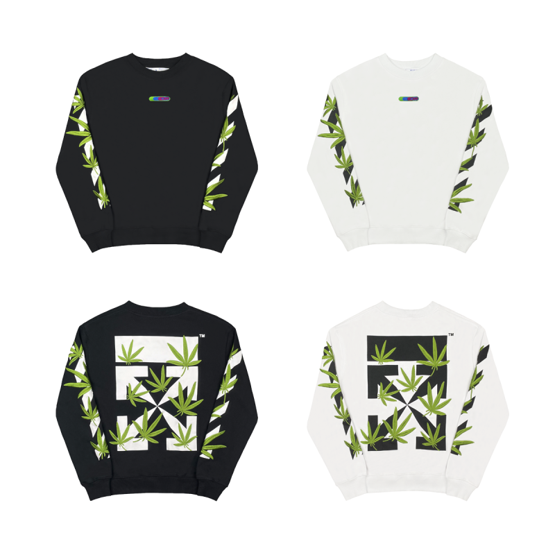  Off White Hoodie Embroidered leaf round neck hoodie black and white
