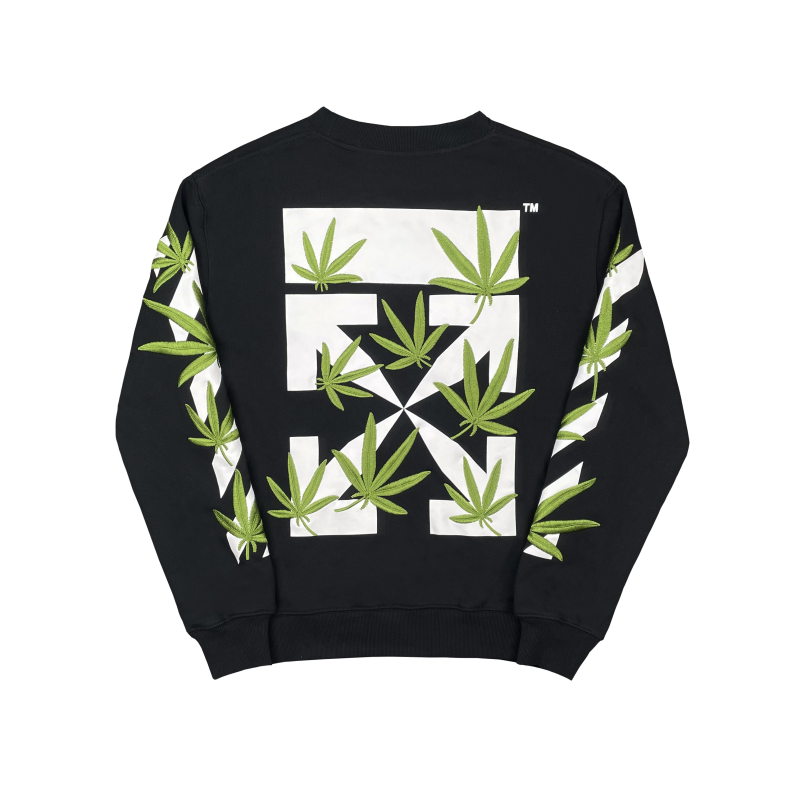  Off White Hoodie Embroidered leaf round neck hoodie black and white