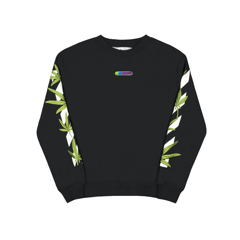  Off White Hoodie Embroidered leaf round neck hoodie black and white