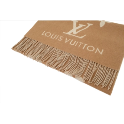 Louis Vuitton Unisex couple's style double-sided knitted flower tassle scarf Large floral brown and white 02