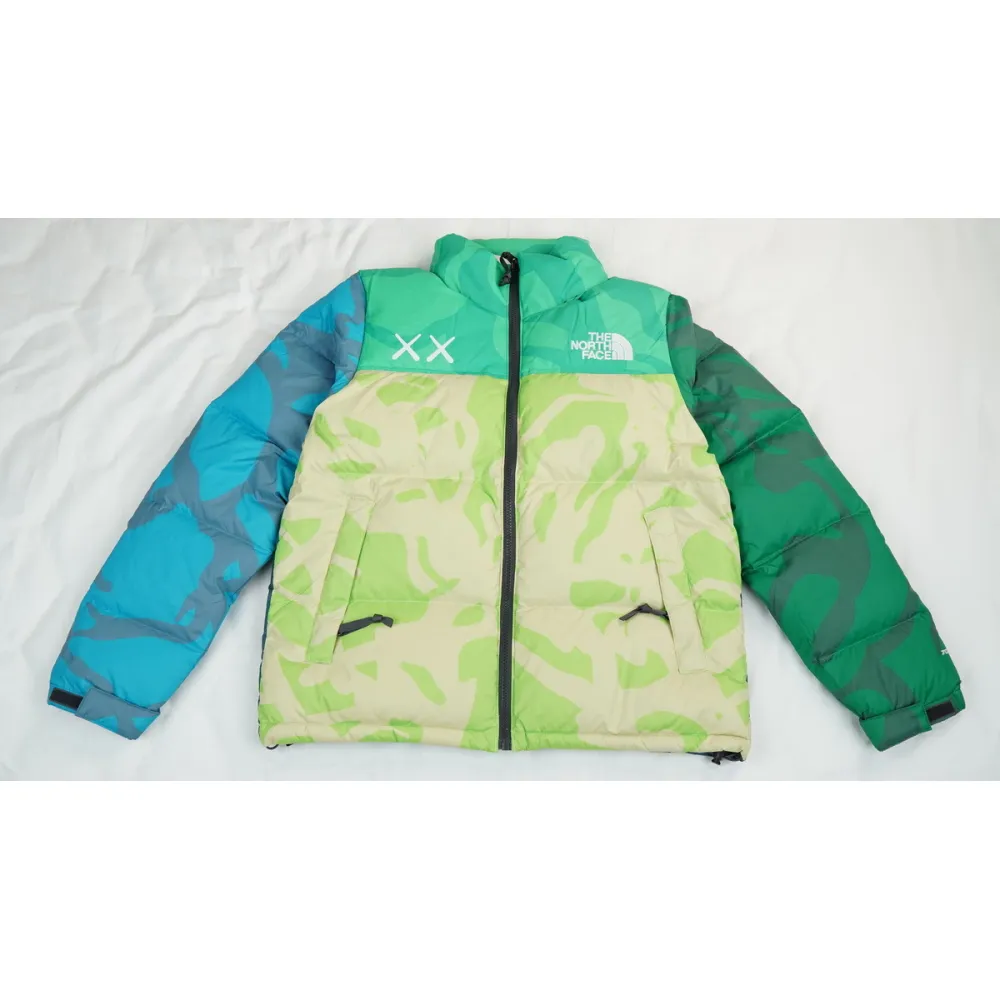 clothes - PKGoden The North Face x KAWS Youth Retro 1996 Nuptse Jacket KW Safety Green Nuptse Print