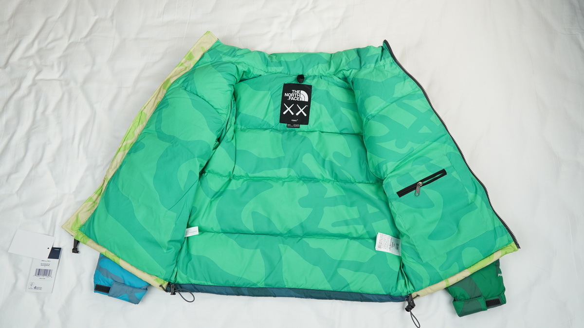 clothes - PKGoden The North Face x KAWS Youth Retro 1996 Nuptse Jacket KW Safety Green Nuptse Print