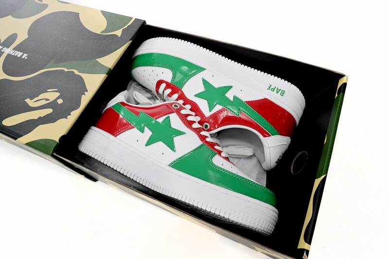 A Bathing Ape Bape Sta Low Red, white, and Green
