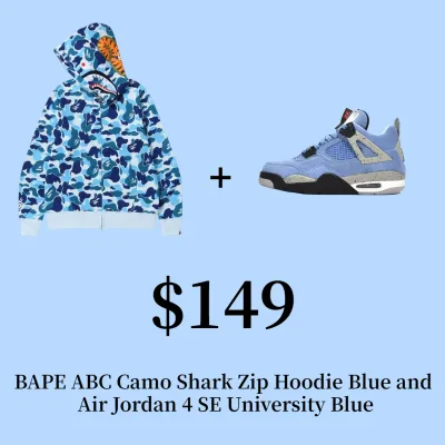 Combo Sale for BAPE ABC Camo Shark Zip Hoodie Blue and Air Jordan 4 SE University Blue 01