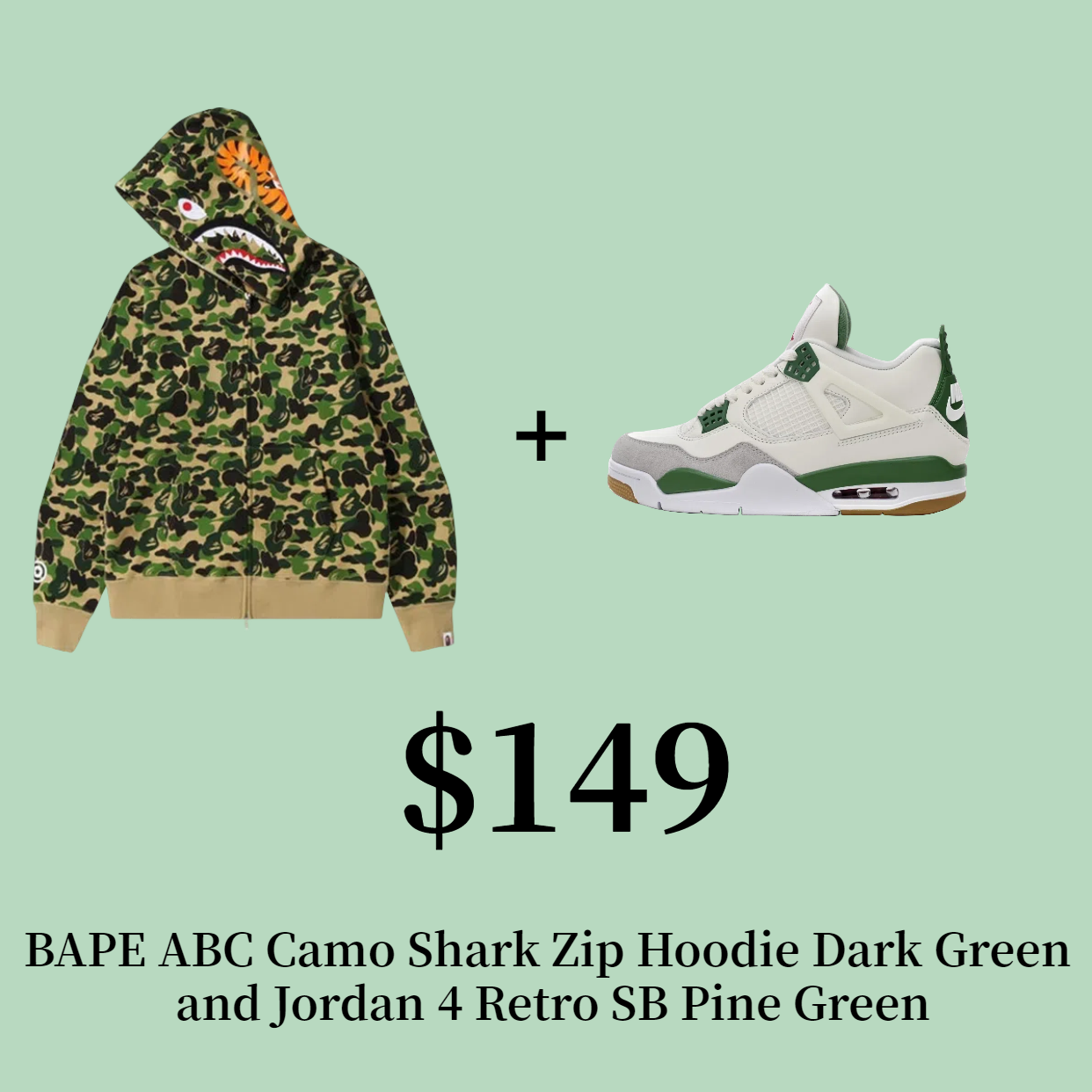 Combo Sale for BAPE ABC Camo Shark Zip Hoodie Dark Green and ordan 4 Retro SB Pine Green