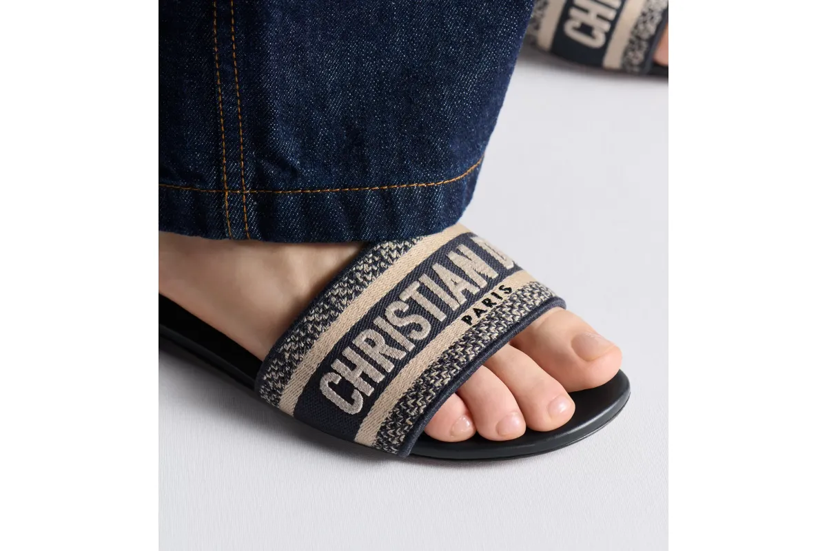 Dway Slide Deep Blue Embroidered Cotton