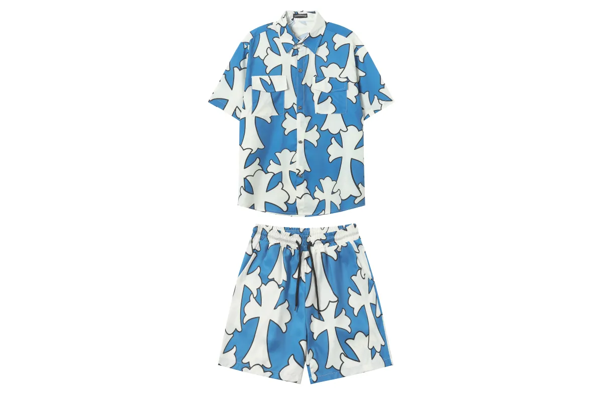 Chrome Hearts Cross Silk Shirt & Shorts Set Blue