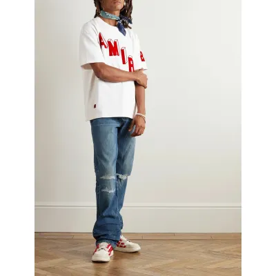 Amiri  Logo Flocked Felt Trimmed Cotton Jersey T-Shirt White 02