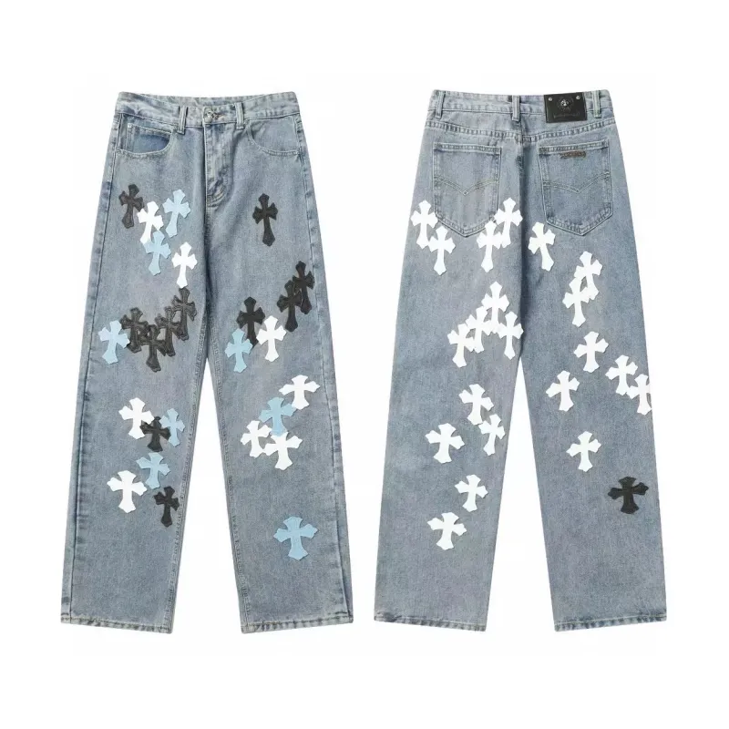 Chrome Hearts color cross leather jeans