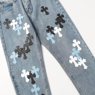Chrome Hearts color cross leather jeans 02