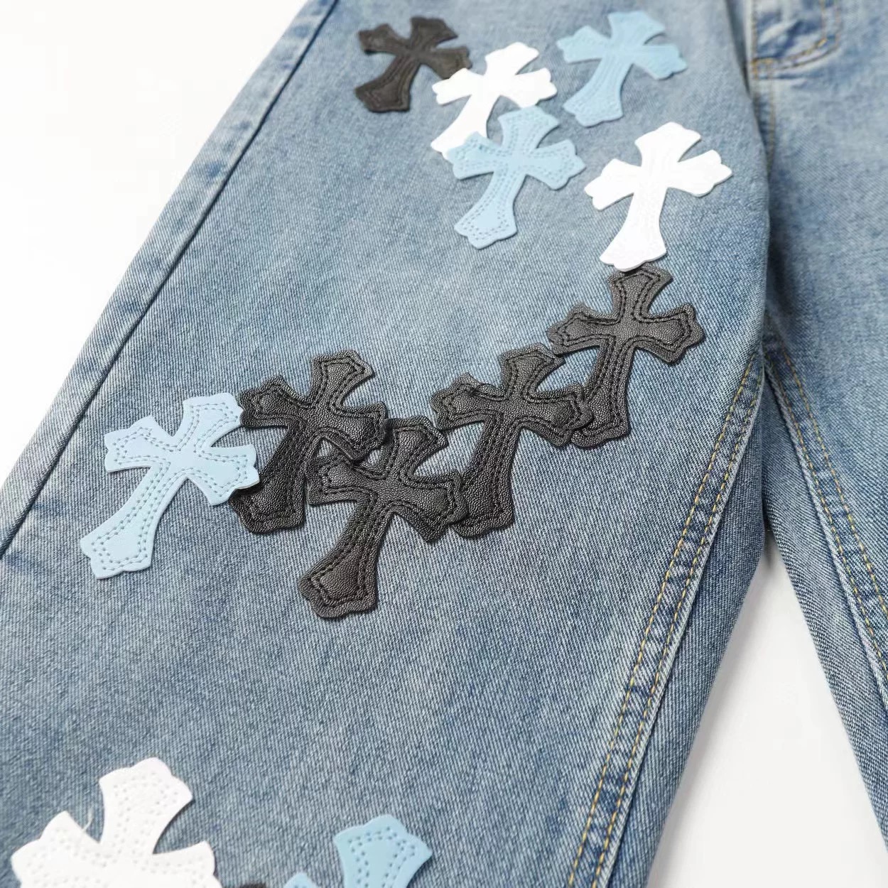 Chrome Hearts color cross leather jeans