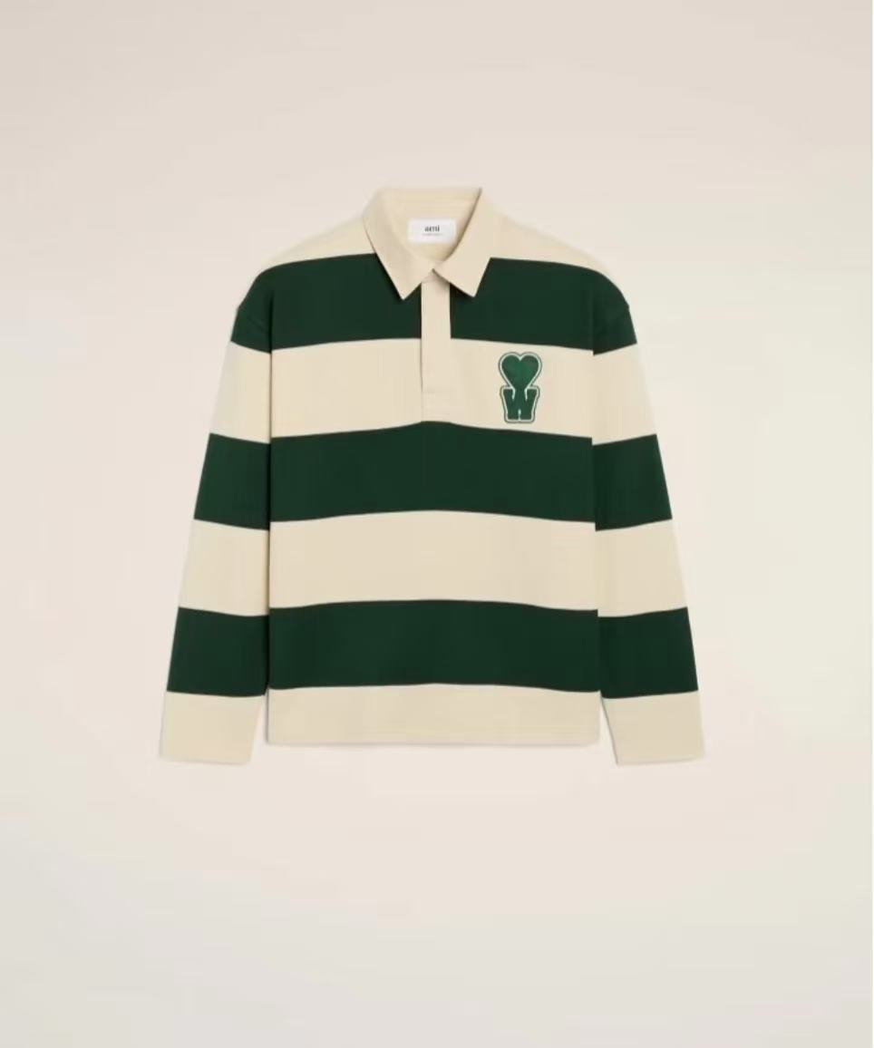 AMI Paris Green And Cotton Striped Polo 