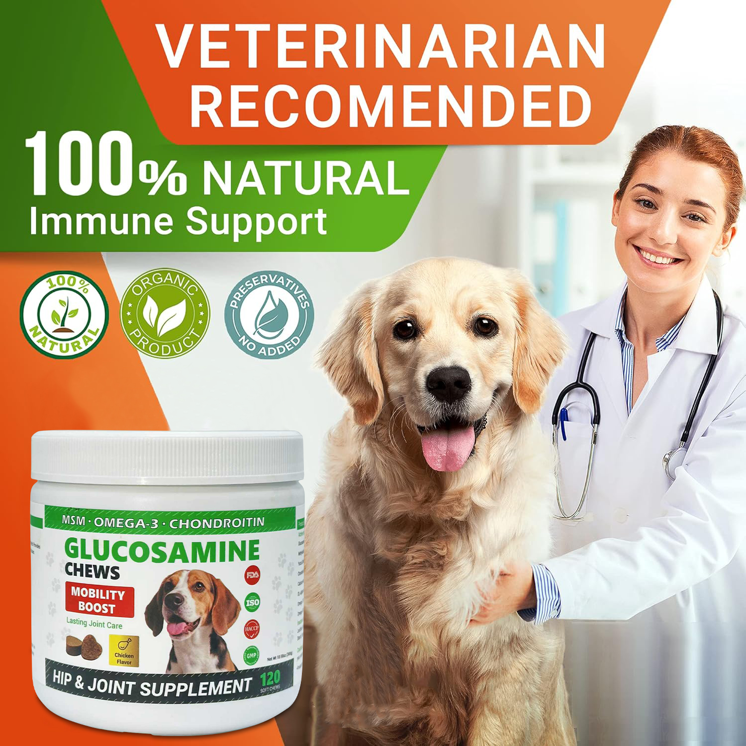 Glucosamine Chondroitin Hip and Joint Supplement for Dogs Chicken Flavor