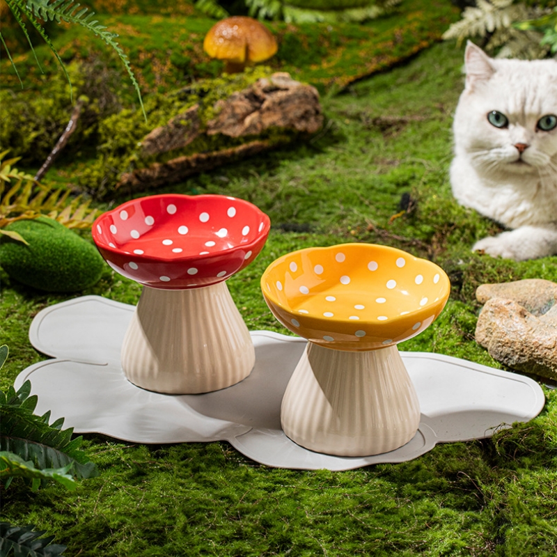 Premium Mushroom Shaped Elevated Neck Guard Ceramic Cat Bowl
