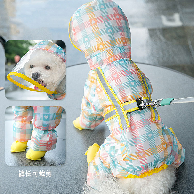 Plaid Waterproof Canine Raincoats Small Medium Dog Rain Coat With Legs And Hood