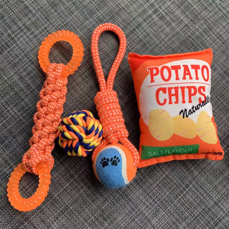 Dog Chews Orange Silicone Knotted Octopus Chips Teething Toy Set