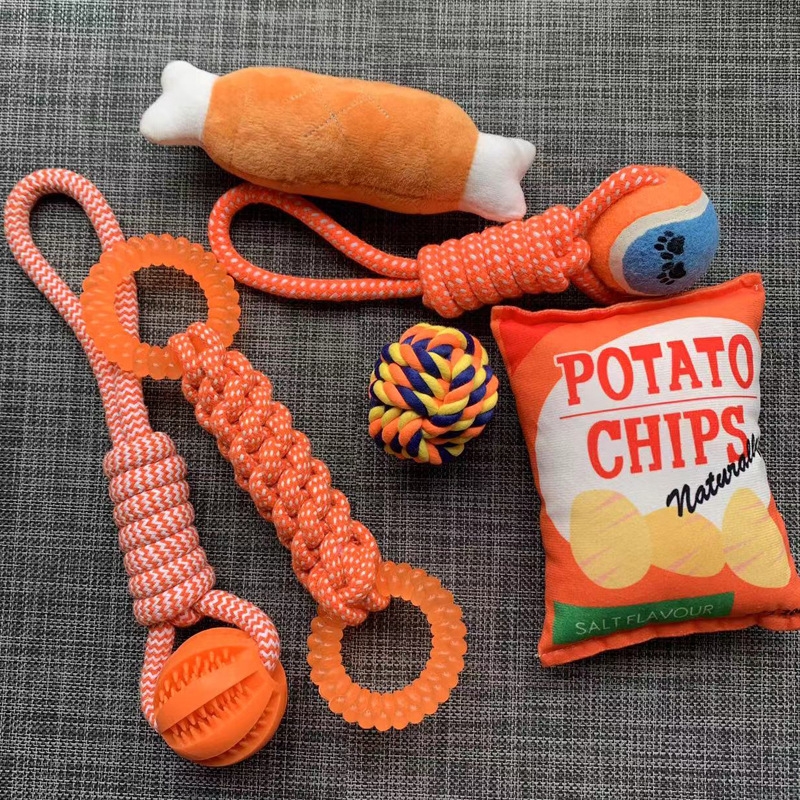 Dog Chews Orange Silicone Knotted Octopus Chips Teething Toy Set
