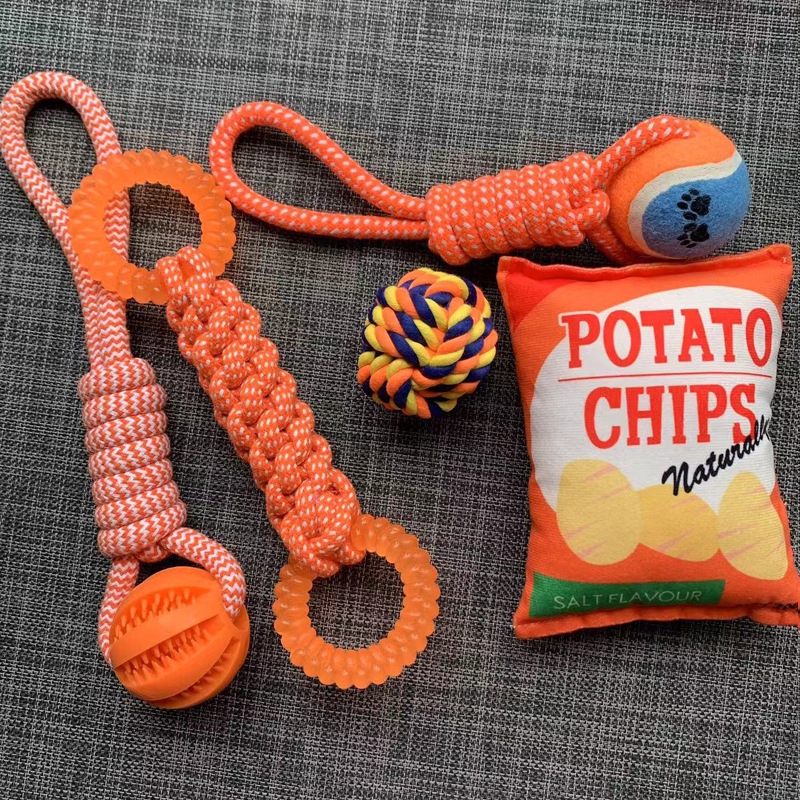 Dog Chews Orange Silicone Knotted Octopus Chips Teething Toy Set