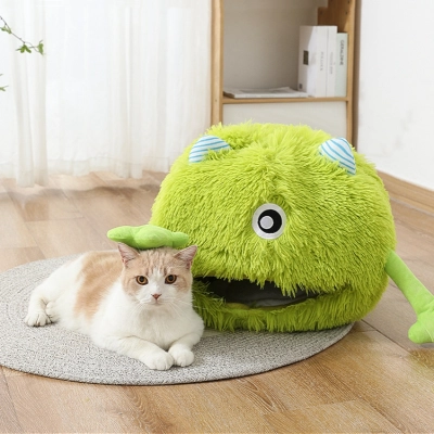 Cute Green Little Monster Long Plush Soft Cat Cave Nest 02