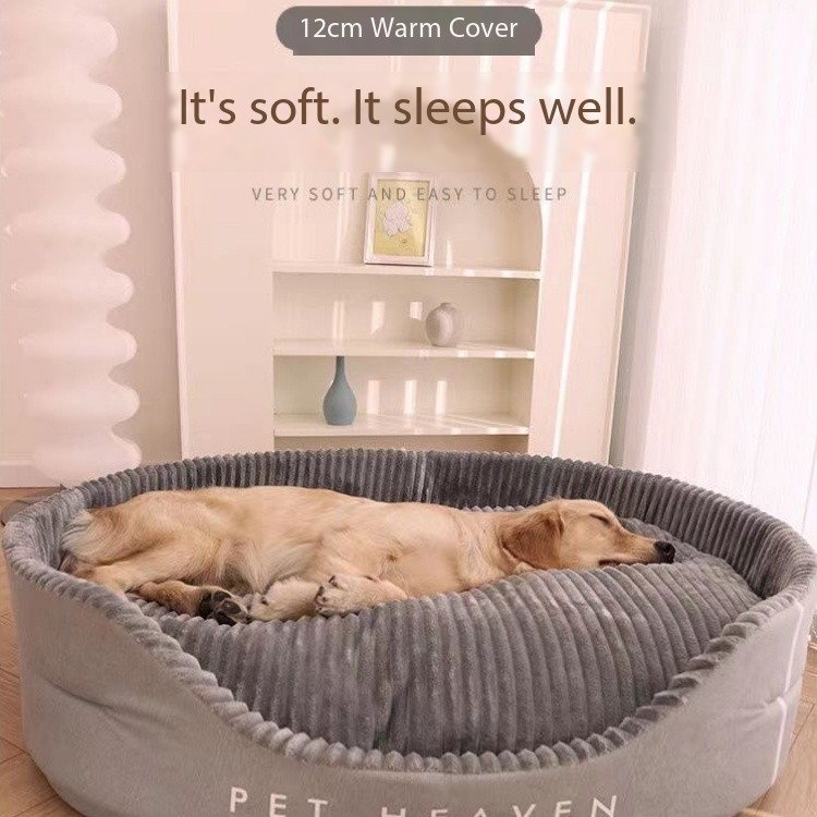 Gray Large Round Plush Dog Kennel with High Sides and Deep Pockets for Safety