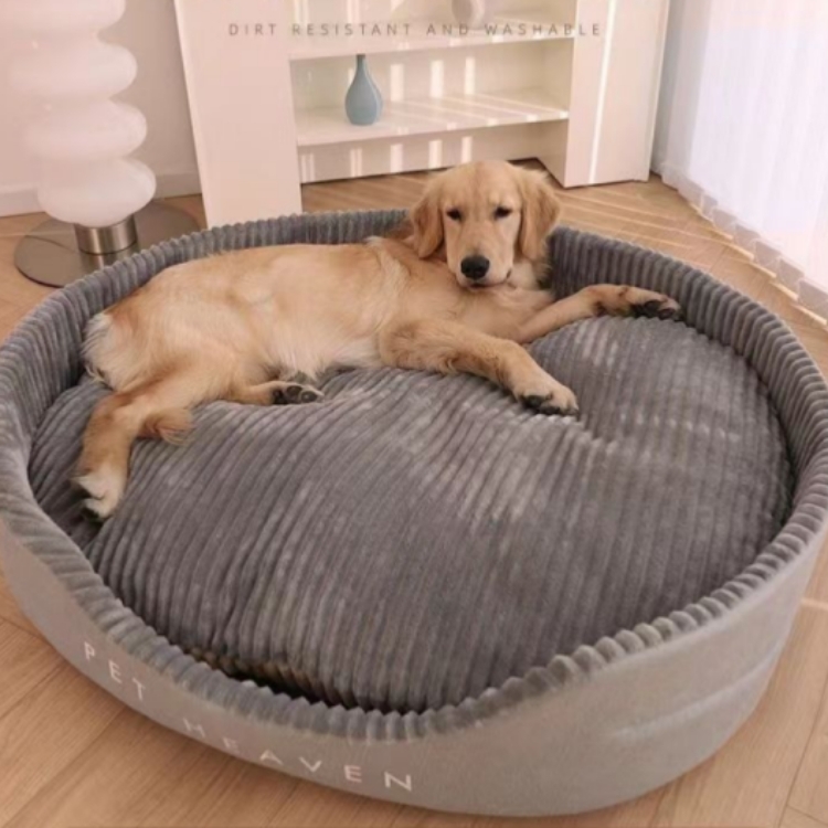 Gray Large Round Plush Dog Kennel with High Sides and Deep Pockets for Safety