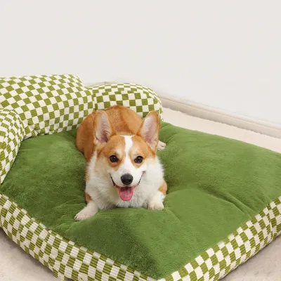 Green Checkerboard Plush Soft Inset Sofa Pet Bed 02