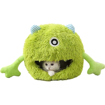 Cute Green Little Monster Long Plush Soft Cat Cave Nest 01