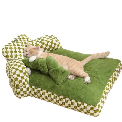 Green Checkerboard Plush Soft Inset Sofa Pet Bed 01