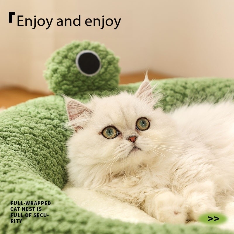 Cute Frog-Shaped Round Half-Covered Cave-Shaped Bubble Velvet Dog Cat Nest