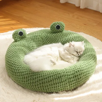 Cute Frog-Shaped Round Half-Covered Cave-Shaped Bubble Velvet Dog Cat Nest 02