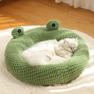 Cute Frog-Shaped Round Half-Covered Cave-Shaped Bubble Velvet Dog Cat Nest 02