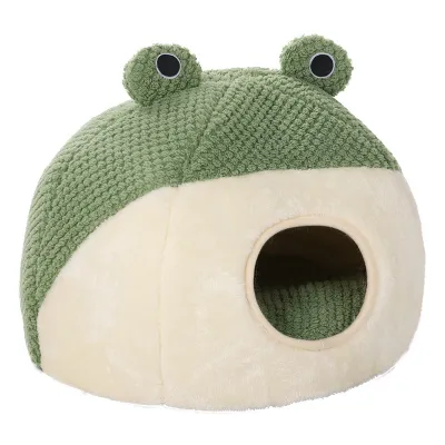 Cute Frog-Shaped Round Half-Covered Cave-Shaped Bubble Velvet Dog Cat Nest 01