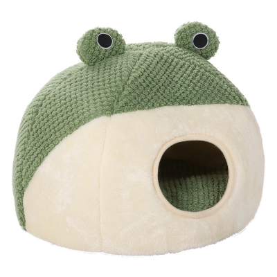 Cute Frog-Shaped Round Half-Covered Cave-Shaped Bubble Velvet Dog Cat Nest 01