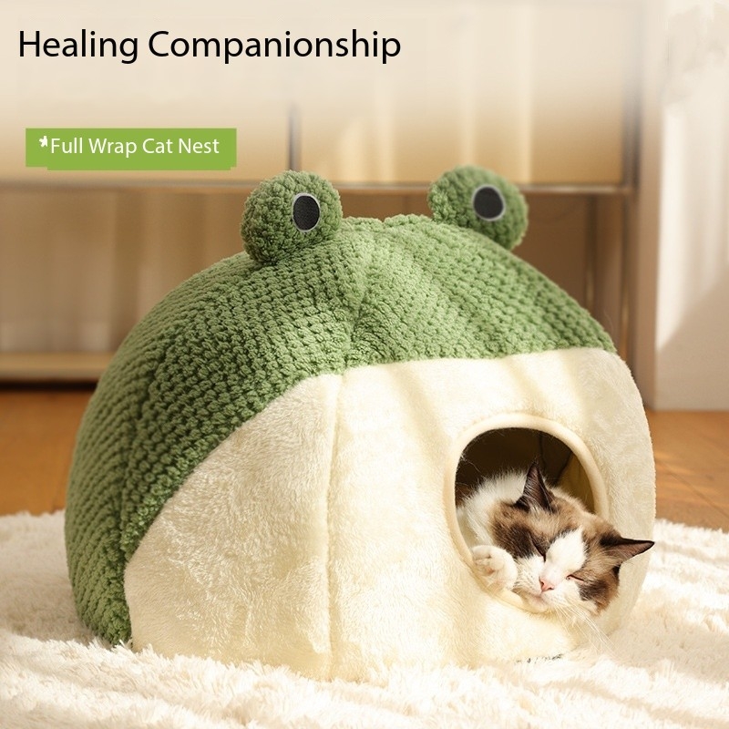 Cute Frog-Shaped Round Half-Covered Cave-Shaped Bubble Velvet Dog Cat Nest