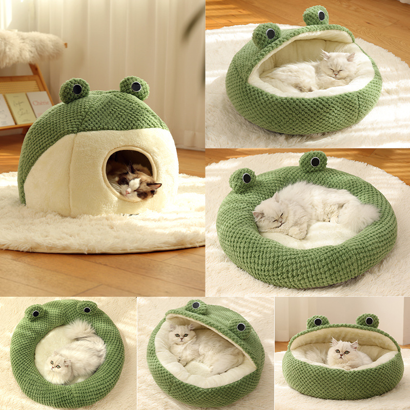 Cute Frog-Shaped Round Half-Covered Cave-Shaped Bubble Velvet Dog Cat Nest