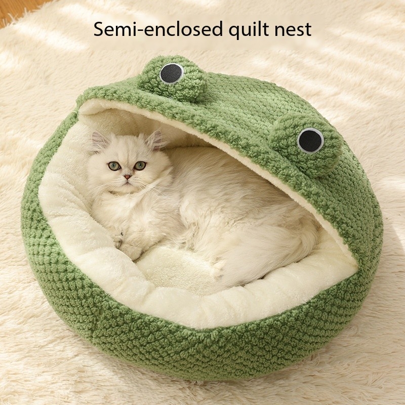 Cute Frog-Shaped Round Half-Covered Cave-Shaped Bubble Velvet Dog Cat Nest