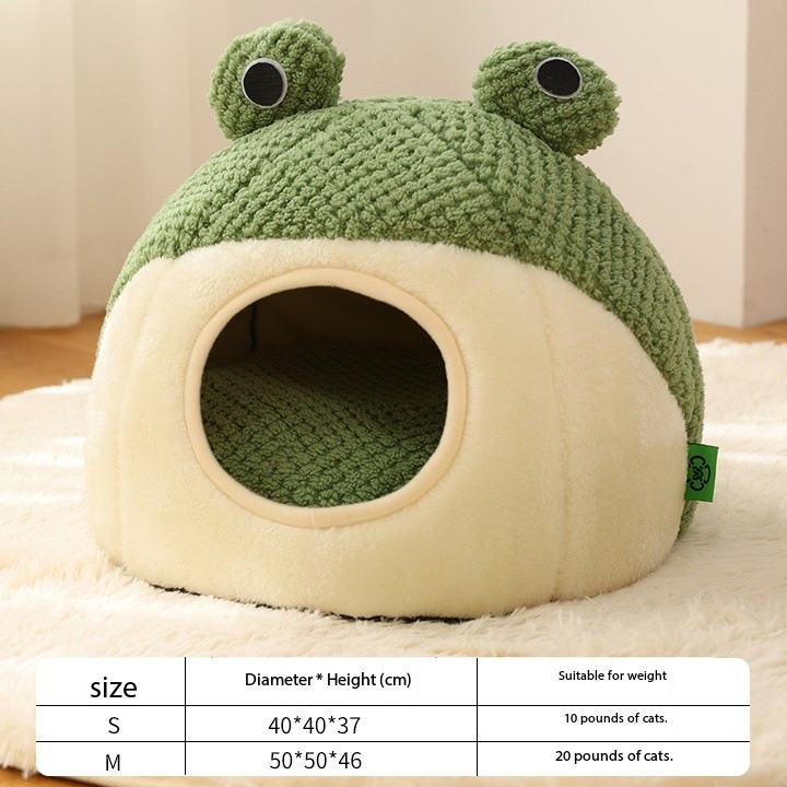 Cute Frog-Shaped Round Half-Covered Cave-Shaped Bubble Velvet Dog Cat Nest