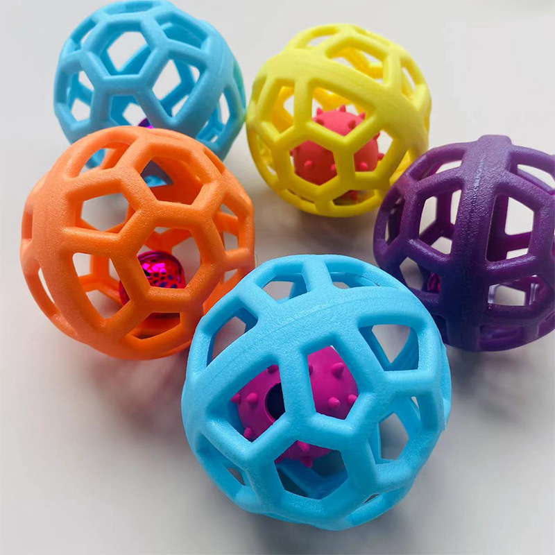 Solid Color TPR Material Cute Mesh Hollow Pet Cat and Dog Toy Ball with Bell