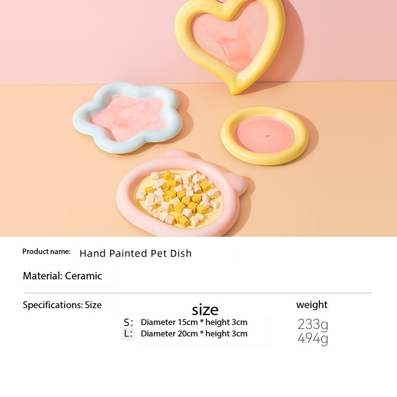 Light Color Hand-Painted Pet Anti-Knock Feeding and Drinking Ceramic Plate