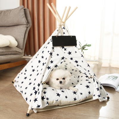 Solid Wood Pet Teepee Tent House with Thick Mat for Puppy & Cat 01