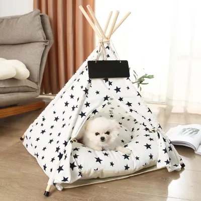 Solid Wood Pet Teepee Tent House with Thick Mat for Puppy & Cat 01
