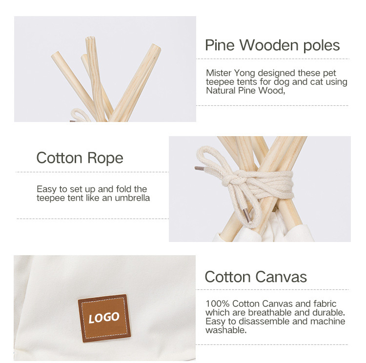 Solid Wood Pet Teepee Tent House with Thick Mat for Puppy & Cat