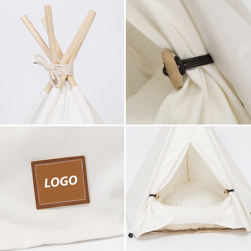 Solid Wood Pet Teepee Tent House with Thick Mat for Puppy & Cat