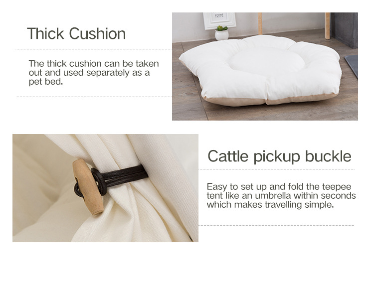 Solid Wood Pet Teepee Tent House with Thick Mat for Puppy & Cat