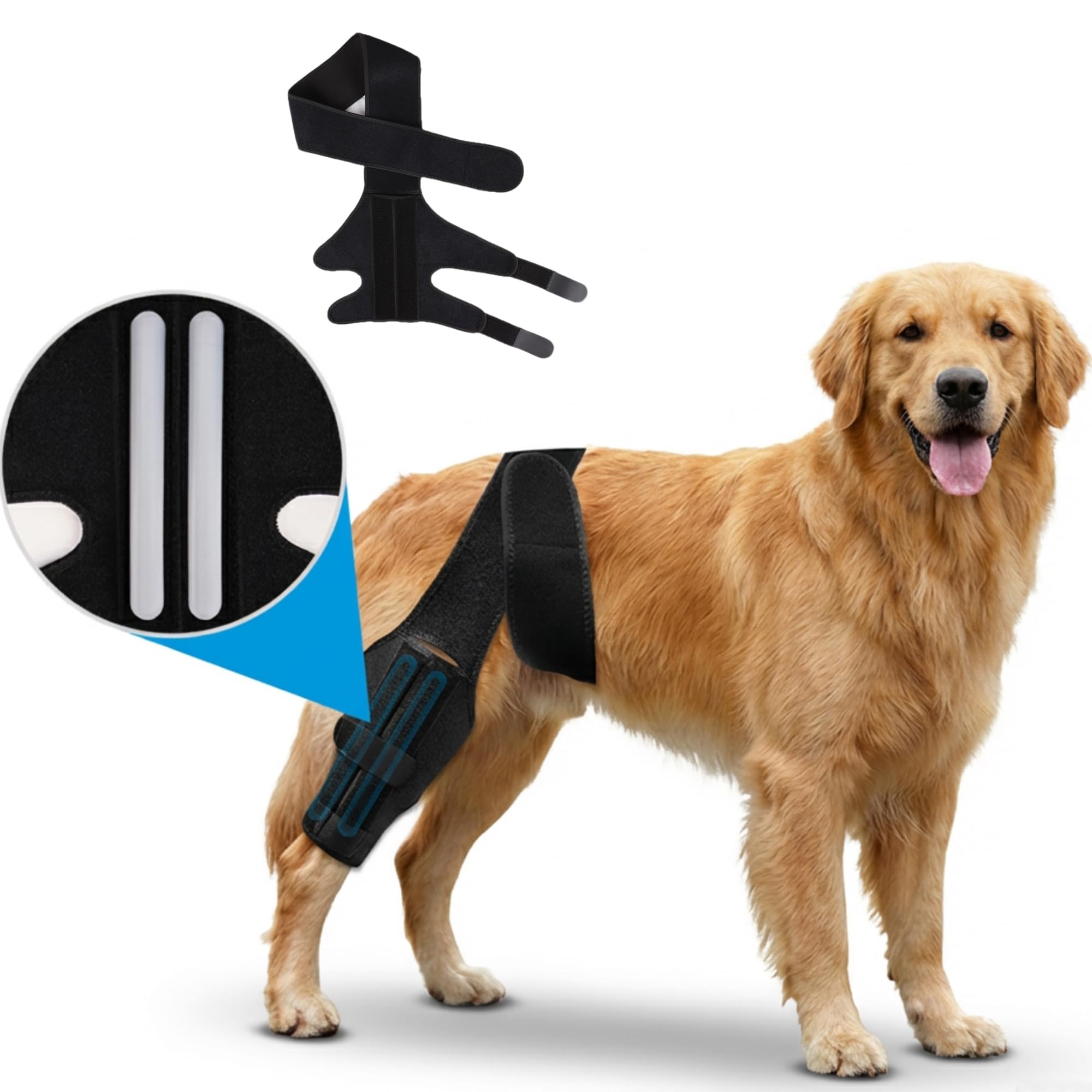Dog Knee Brace for Back Leg Adjustable Rear Leg Support Wrap with Side Stabilizers