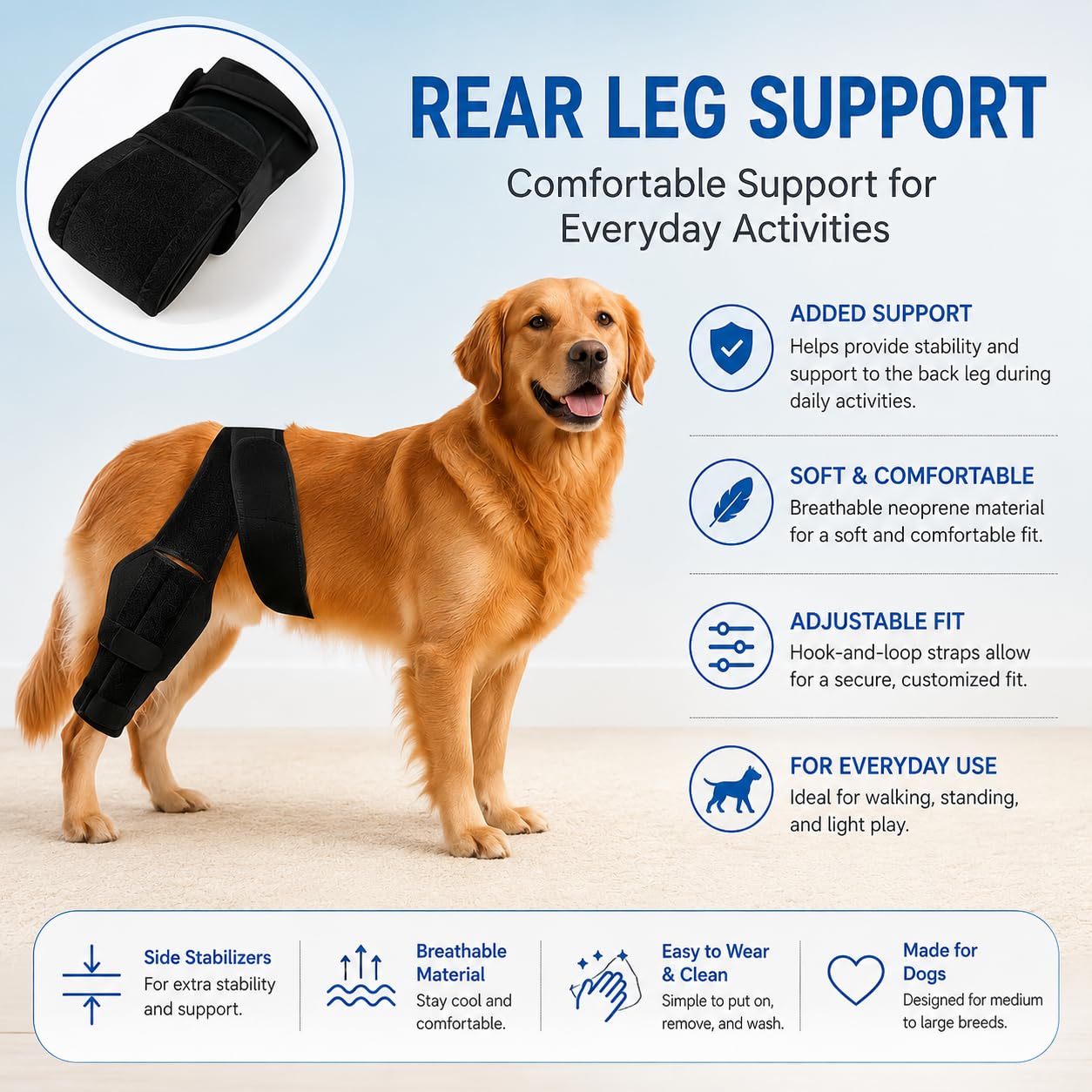 Dog Knee Brace for Back Leg Adjustable Rear Leg Support Wrap with Side Stabilizers