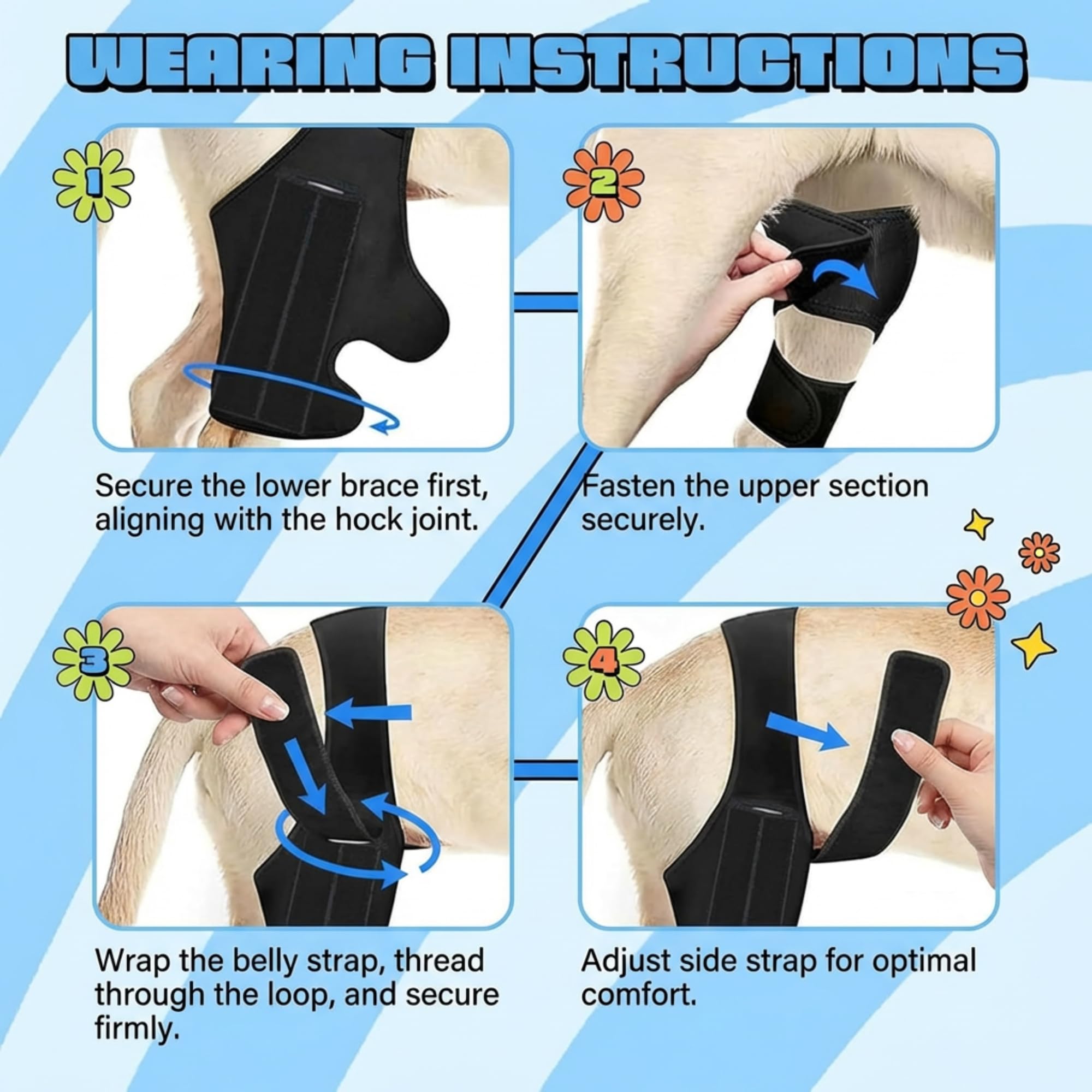 Dog Knee Brace for Back Leg Adjustable Rear Leg Support Wrap with Side Stabilizers