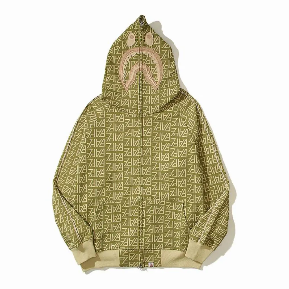 BAPE Logo Monogram Velour Shark Full Zip Hoodie Beige 