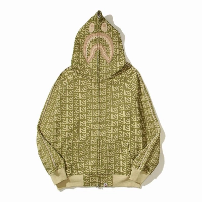 BAPE Logo Monogram Velour Shark Full Zip Hoodie Beige  01